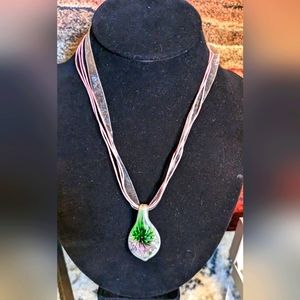 Flower Morano Glass Pendant w/ Silk Chain